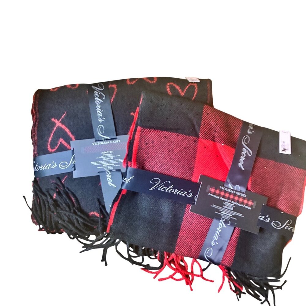 NWT2 Victorias Secret Cozy Blanket Scarves Heart & Plaid, Black & Red Check Logo